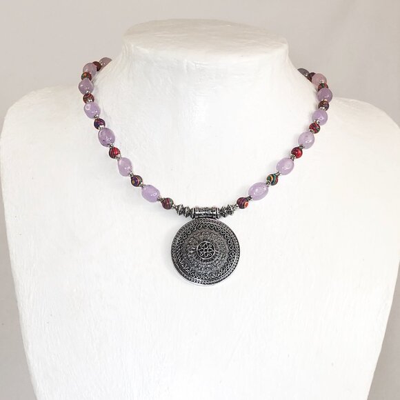 Silver Tribal Coin Medallion Choker with Lavender Quartz Nuggets - Picture 3 of 6